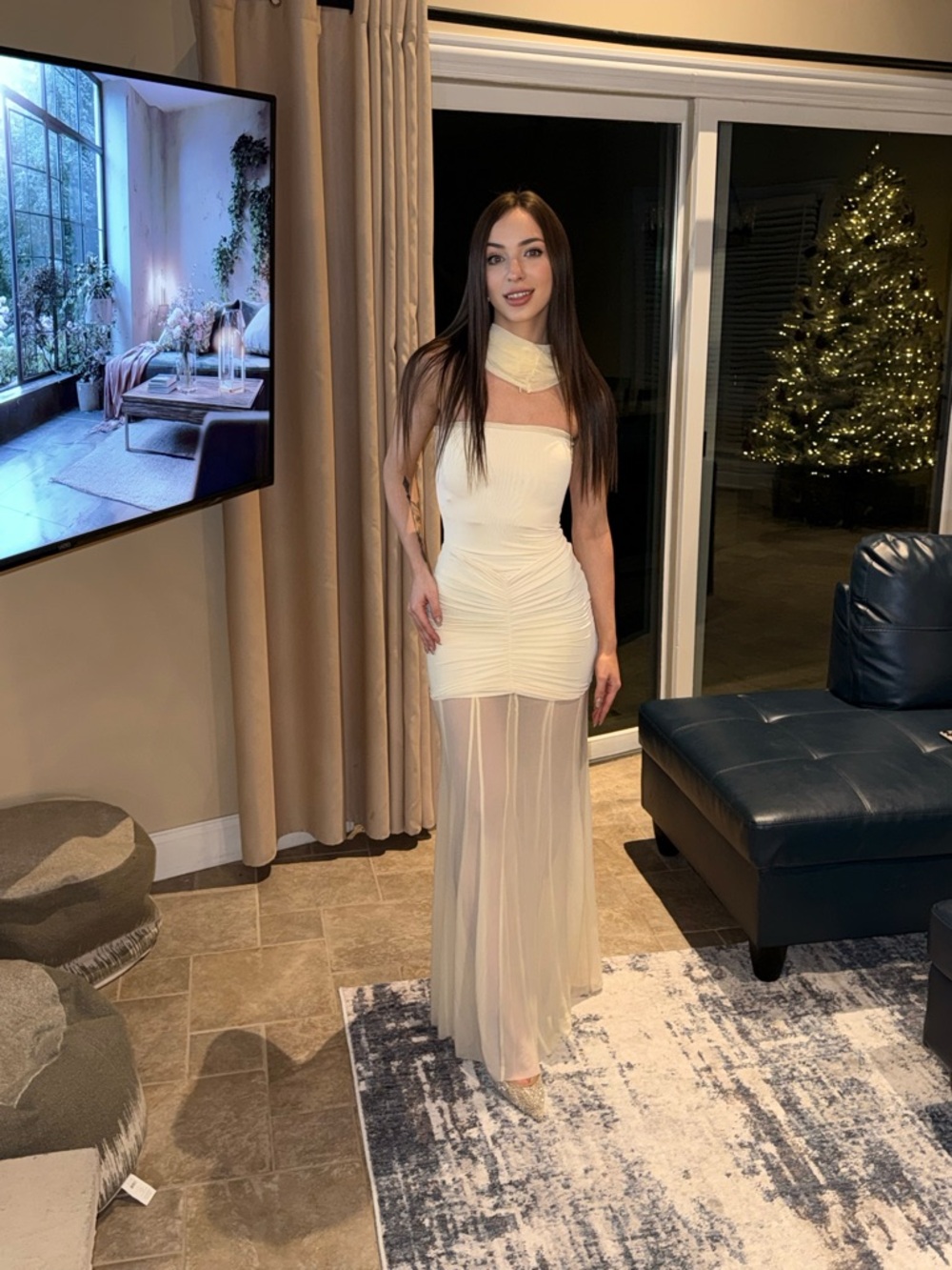 Meshki Cream Sheer Maxi Dress with Ruched Bodice